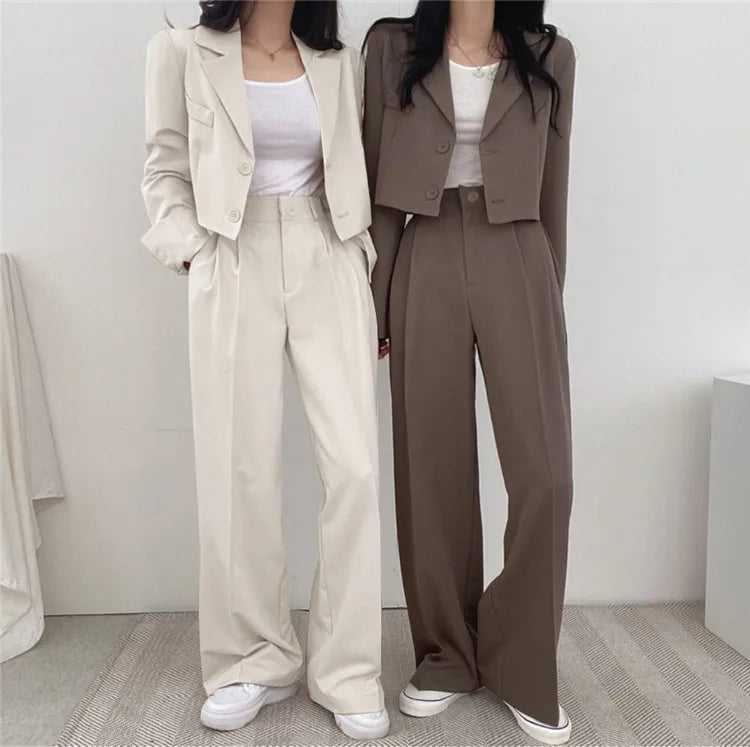 Suit Coat 2 Piece Set Women Blazer Jacket Straight Pants Ensemble Single Breasted Turn Down Collar Trousers Office Lady Outfits
