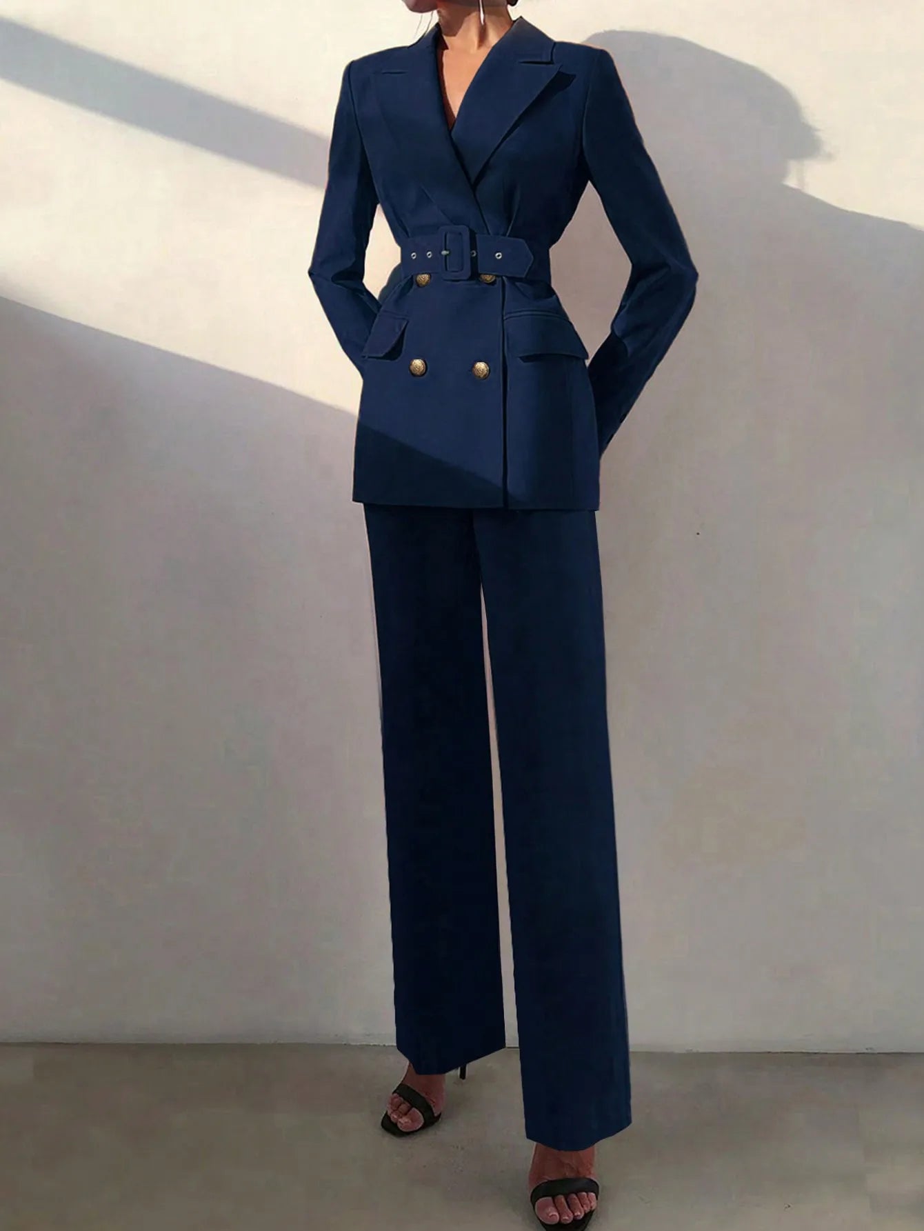 Women's 2pcs Belted Double-Breasted Blazer Jacket & Elastic Waist Straight Leg Pants Suit Set, Office Work Wea, Business Casual