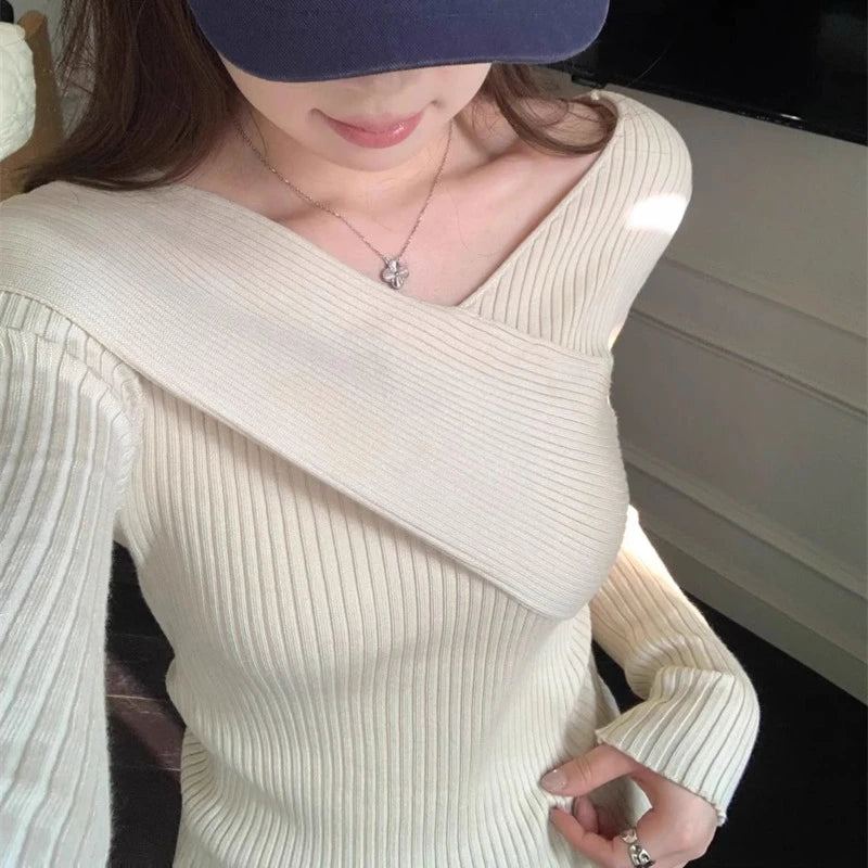 Fashion Autumn Slim Fit Sweater Knitted Top Korean Cross V-neck Knitted Pullover Elegant Solid Color Long Sleeve Women's Sweater
