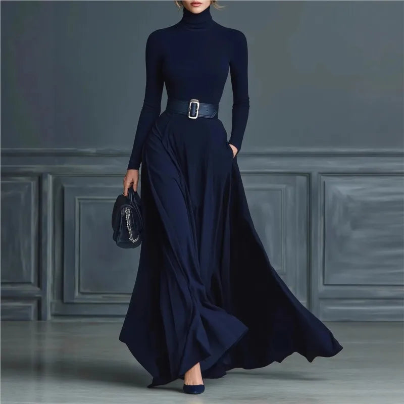 Fashion Half High Collar Knitted Long Dress Autumn Casual Long Sleeve Party Dress 2025 Winter Elegant Splicing Maxi Dress