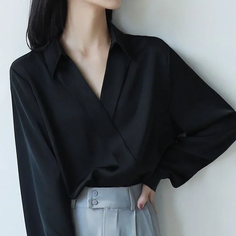 Spring Summer Fashion V-Neck Long Sleeve Women's Shirt Loose Slimming Satin Top Black Design Sensation Elegant Style