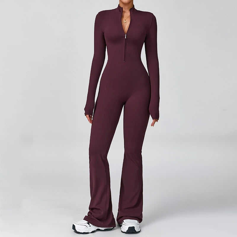 Women Tracksuit Zipper Flared Jumpsuits Yoga Suit One-Piece Sport Fitness Workout Set Stretch Bodysuit Gym Push Up Sportswear