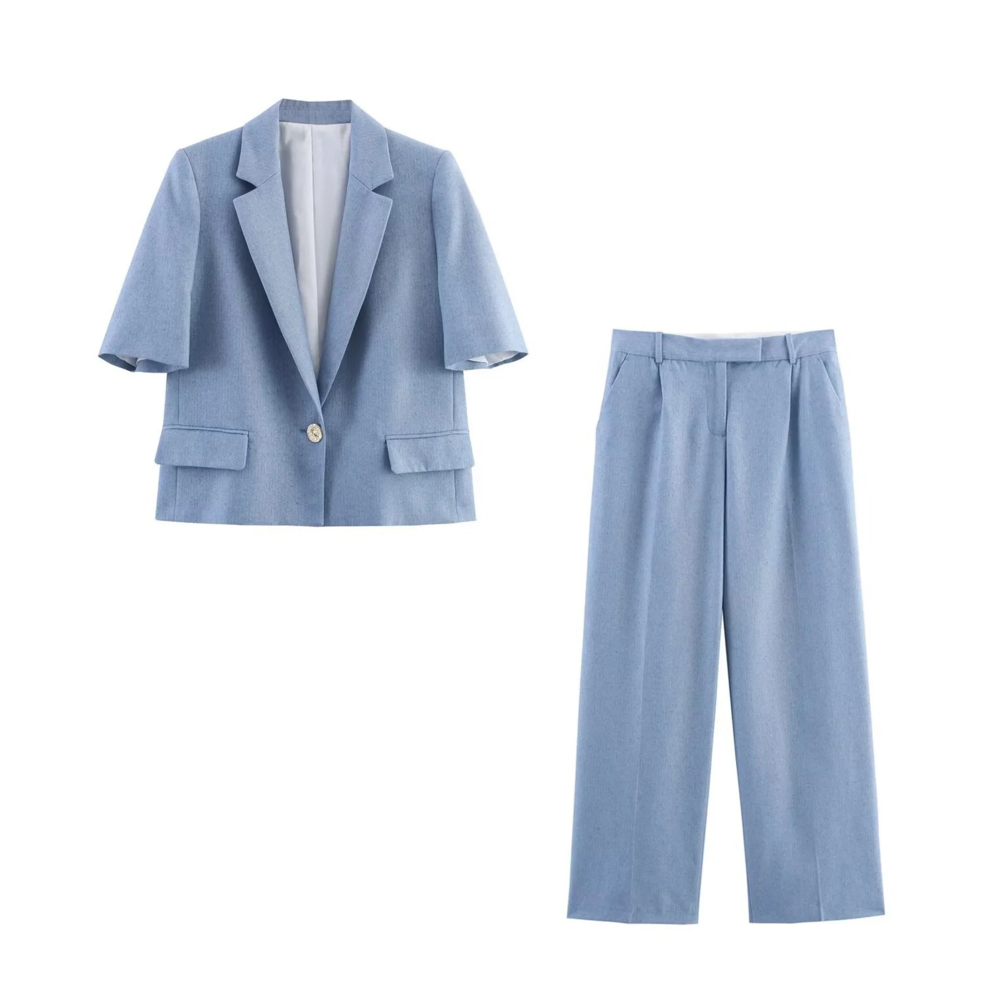 2025 Autumn Women's Solid Straight Leg Long Pant Sets Single Button Short Blazer Coat Or Commuting Style Women Long Pants