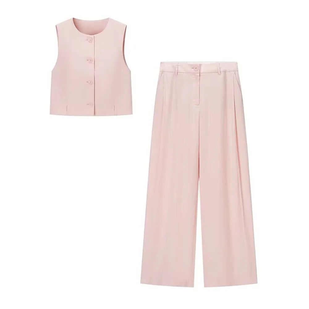 Summer new women's fashionable temperament sleeveless round neck short vest vest vest and high waisted wide leg pants