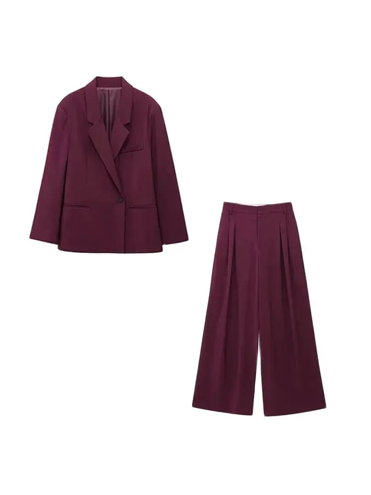 Women's Fashion Oversized Double-breasted Blazer Coat High Waist Pleated Trousers Two Piece Set Elegant Female Outfit