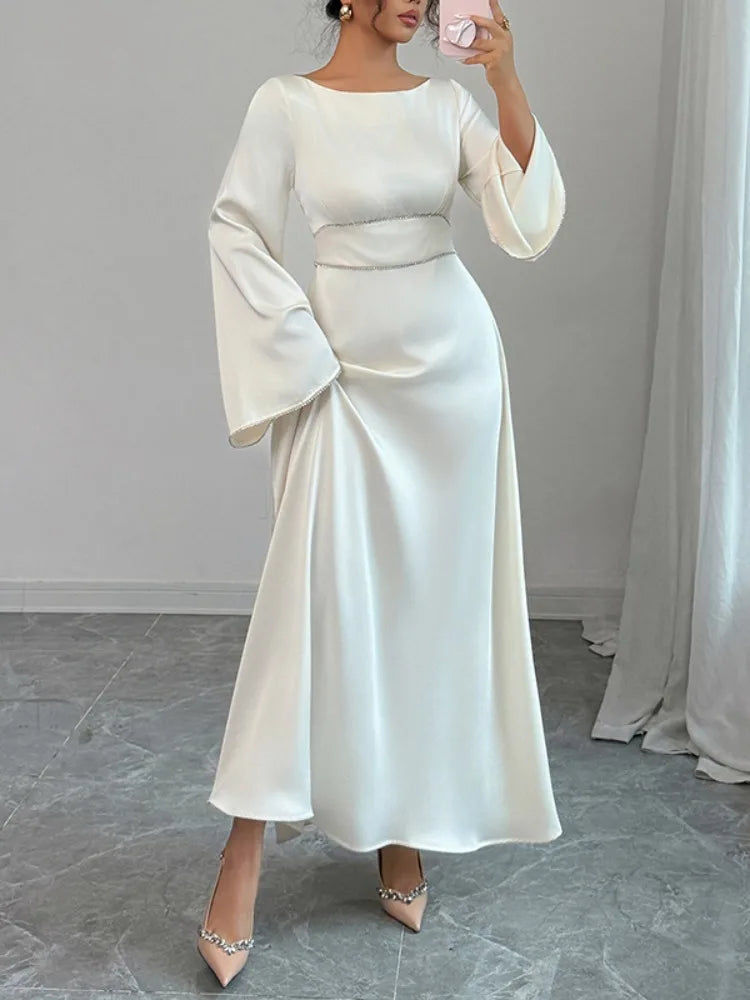 Onecozyday Women's Off White Elegant Evening Dress Flare Sleeves High Waist Party Gowns 2025 Autumn New Wedding Dresses