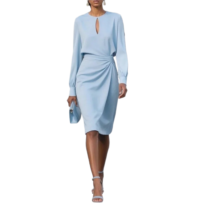 2025 Autumn Elegant Solid Pleated O-neck Hollow Long Sleeve Dress Office Lady Temperament Midi Dresses Women's Clothing Vestidos