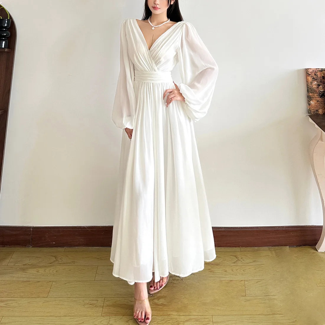 Summer new sexy V-neck solid color chiffon waist slimming temperament long sleeved dress women