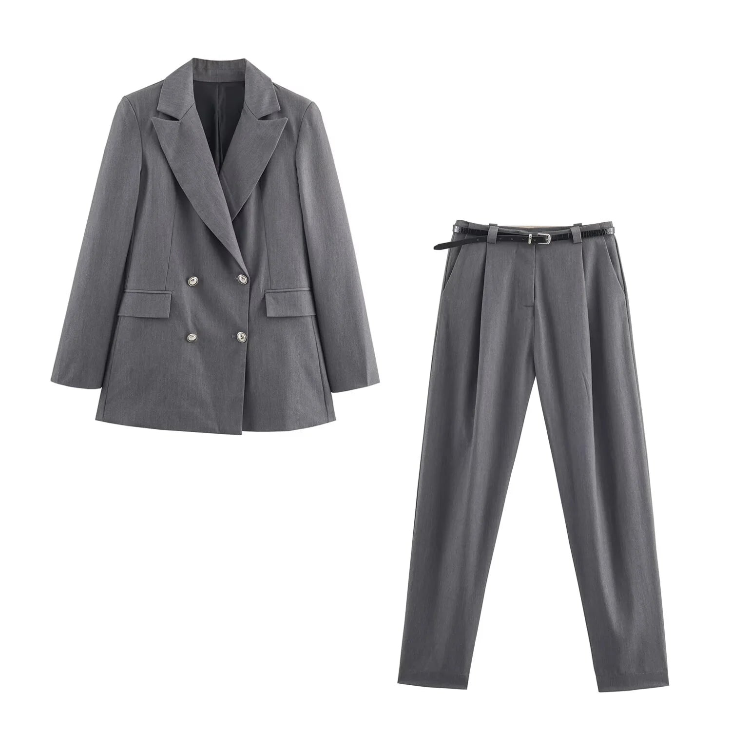 2025 Autumn New Product Women's Collar Style Shoulder Cushion Double breasted Commuter Suit Coat with Belt and Pants