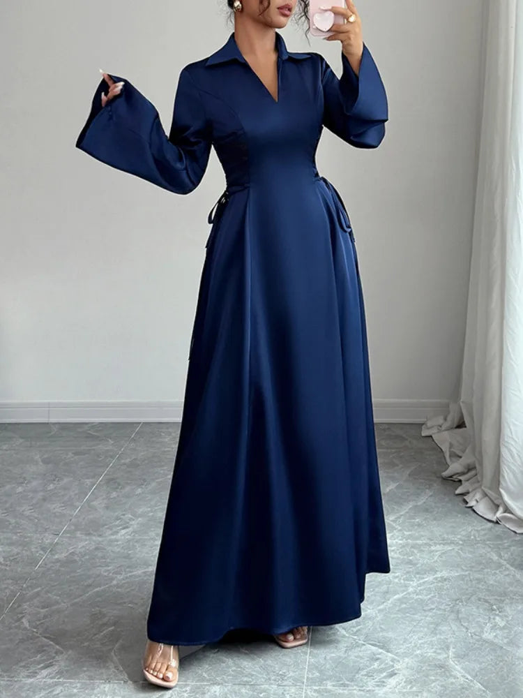 Onecozyday Women's Navy Blue Long Sleeves Maxi Dress Lapel V-neck Flared Sleeves A-line Pleated Party Dresses 2025 Fall New