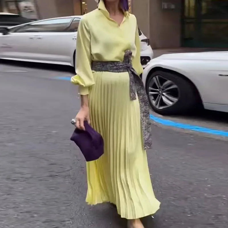 Casual Lace Up Pleated Commuting Dress Elegant Solid Color Loose Maxi Dresses 2025 Autumn Women's Lapel Long Sleeved Shirt Dress
