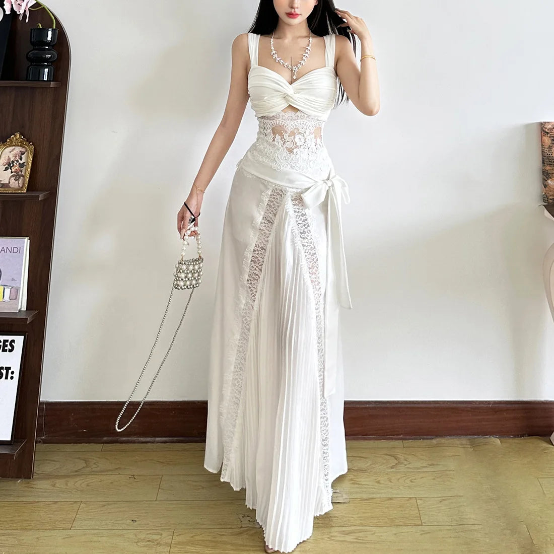 Summer New Lace Sleeveless Top with High Waist Slimming Style Wrapper Hip Long Skirt Set