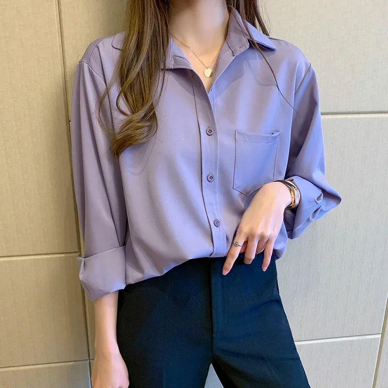 Spring Summer Vintage Chiffon Purple Women's Blouse 2025 New One Pocket Long Sleeve Korean Casual Loose Shirts Female