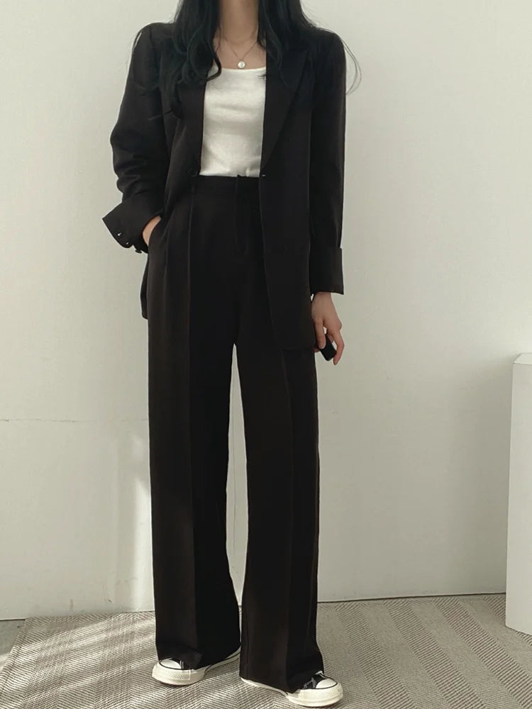 Chic Casual Pure Color Suit Jaet High Waist Wide Leg Pants Set Women's Faion Commute Online Exclusive Other Material 00%