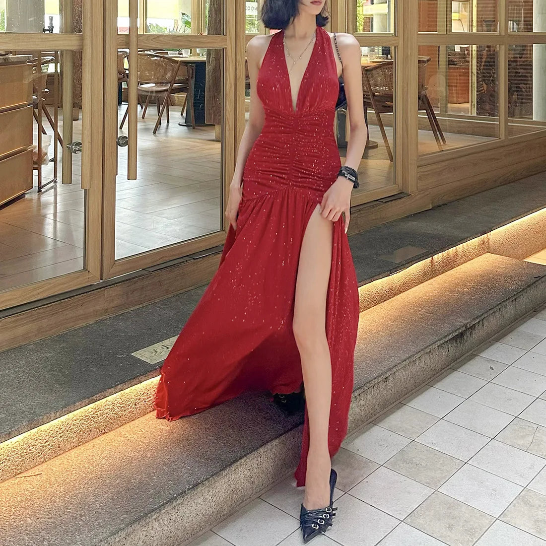Summer new V-neck seaside vacation style hanging neck tie temperament slim fit dress for women