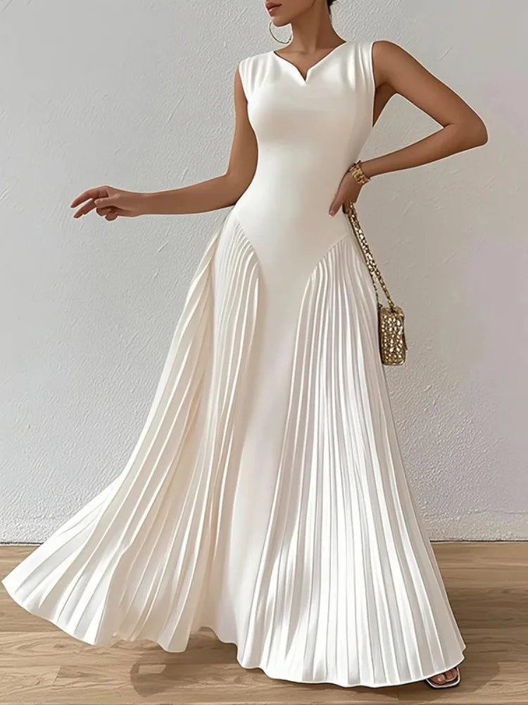 Onecozyday Solid White Pleated Summer Dress Sleeveless V-neck High Waist A-line Party Dresses 2025 Elegant Maxi Dress for Women