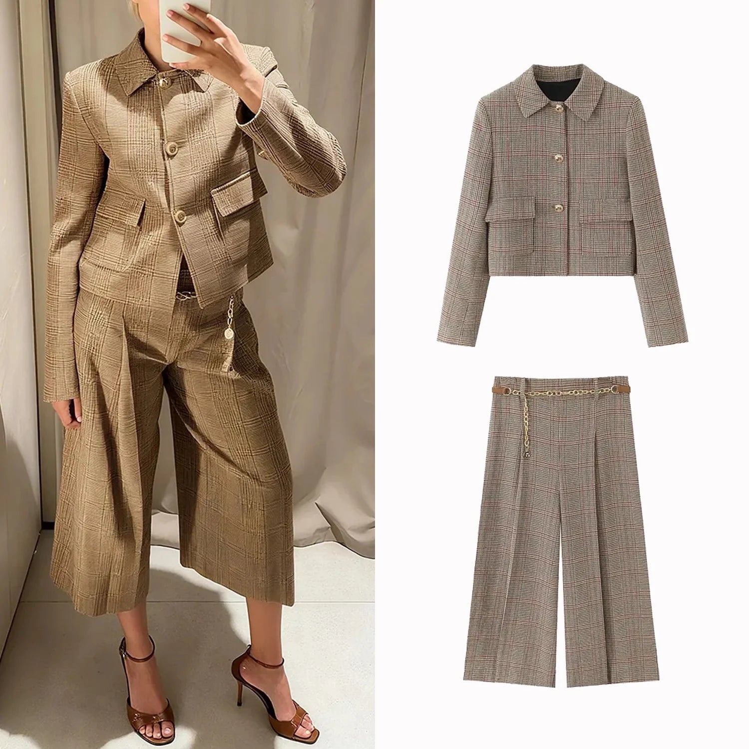 Women Fashion Plaid Wide-Leg Pants Set Autumn Women Elegant Blazers Coat Or Lady Pants Trousers With Chain Belt Streetwear