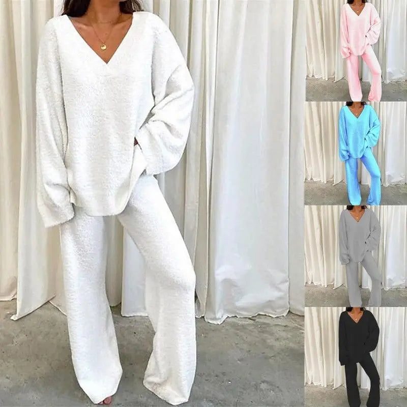 2026  Winter Comfortable Solid Color V-Neck Long Sleeve Top Wide-Leg Pants Casual Daily Home Warm Two-Piece Set