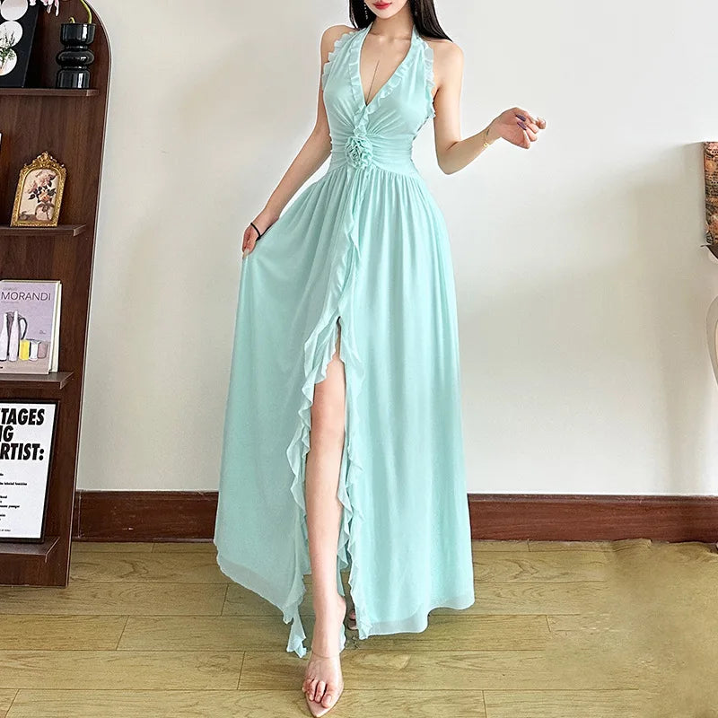Summer new style neck hanging waist cinching backless fashion V-neck split dress for women
