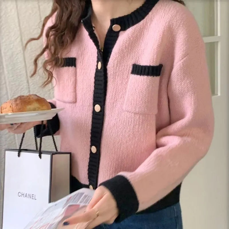 Early Autumn Long Sleeved Knitted Cardigan Sweater Fashion O Neck Loose Short Jackets Elegant Pockets Top Female Casual Coats