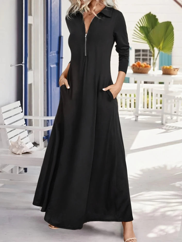 ﻿ Women's Elegant Solid Maxi Dress Fashion Simple Long Skirt 2025 Spring Autumn Slim Long Sleeves Shirt Dresses With Pockets