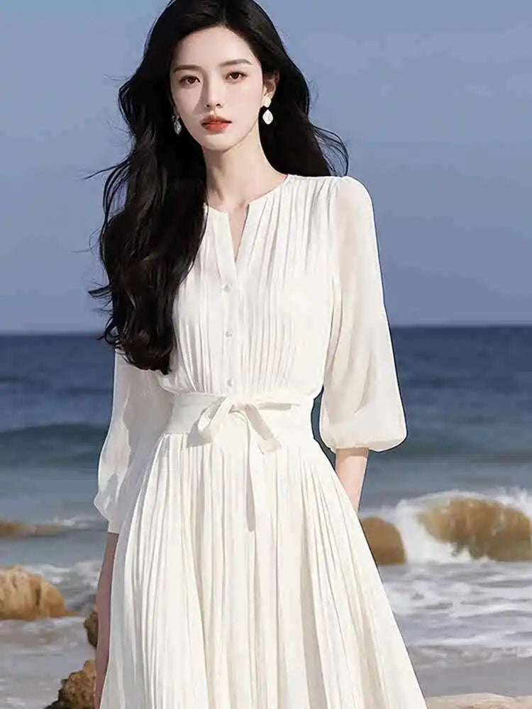 Ele Spring Summer Women's Dr Gentlewoman Sle High Waist A-Line Skirt Chiffon Fabric Commute Korean Version Midi Dr