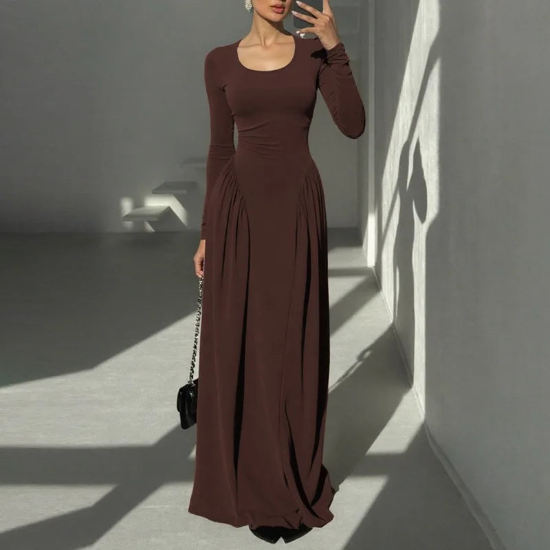 Autumn New French Style U neck Solid Color Long Sleeve Strap Slimming Dress