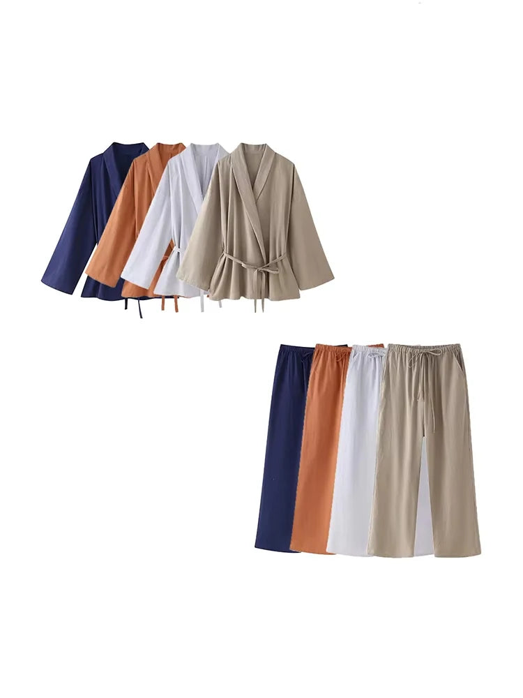 Women Fashion With Belt Loose Kimono Blouses And High Elastic Waist Side Pockets Female Two Piece Sets Mujer