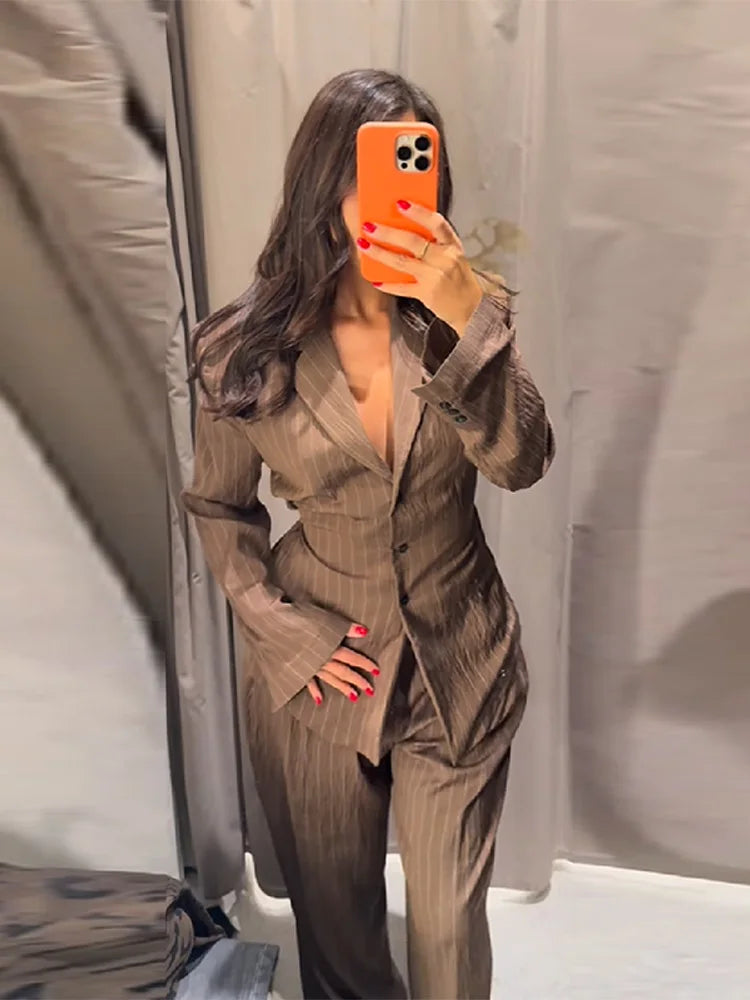 Vintage Brown Strip Blazer Jacket Pants Set Padded Shoulder Slim Fit Suit Coat High Waist Casual Trousers 2025 New Autumn Outfit