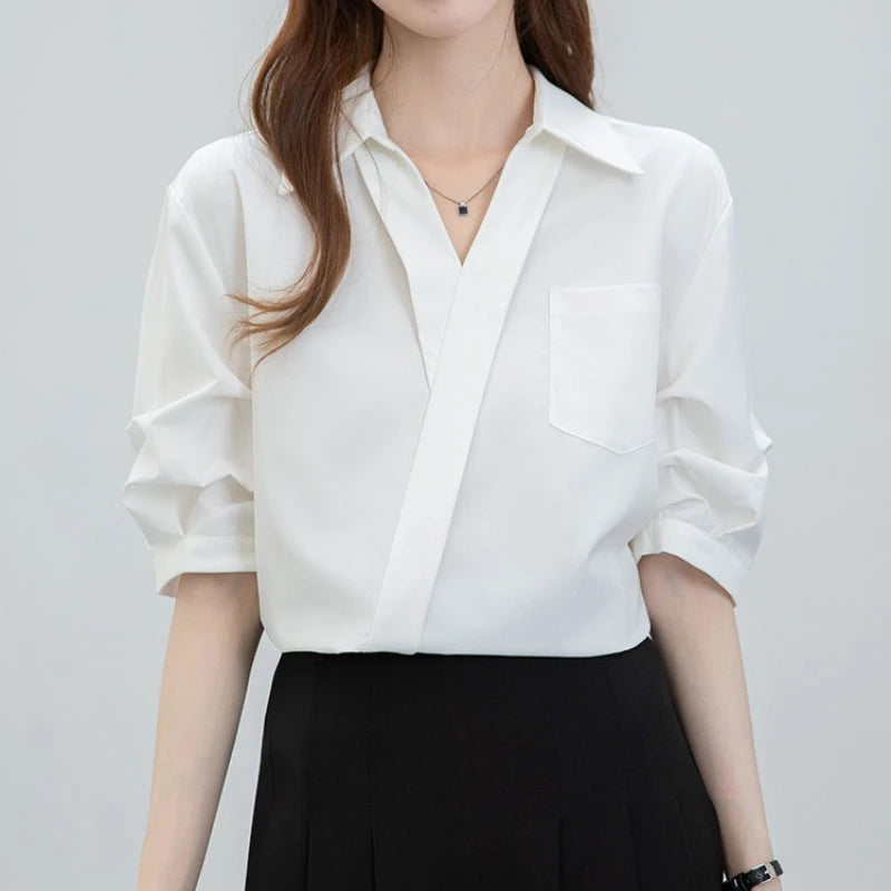 Summer Front Cross V-neck Women's Blouses 2025 New One Pocket Half Sleeve Elegant Korean Office Lady Casual Loose Shirts Female