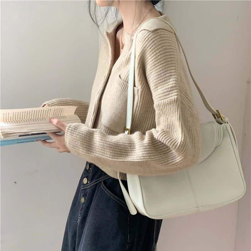 New Autumn and Winter Shorts Fashion Lapel Women's Long-sleeved Sweater Pocket Decoration Solid Color Elegant Blouse