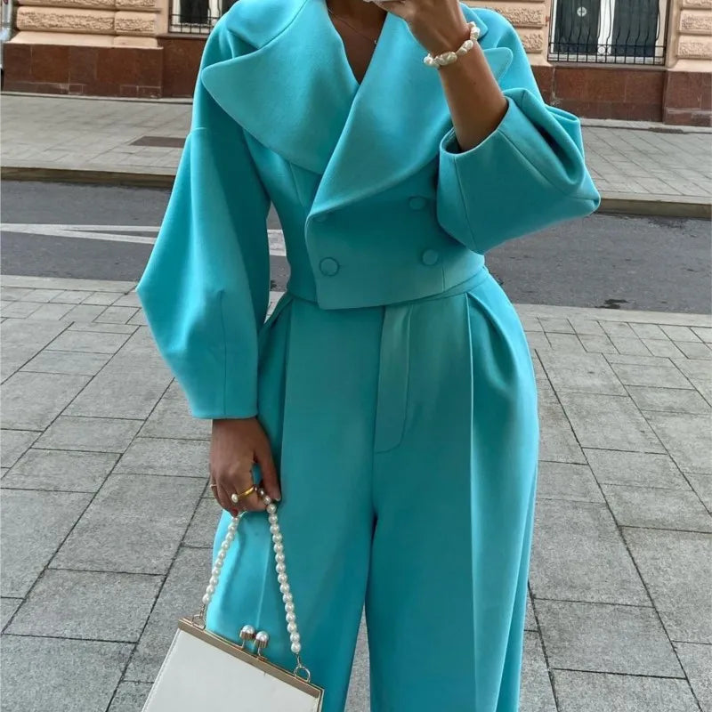 Women blazer Pant Sets Two Piece Solid Double Button Turn Down Collar Coats High Waist Pants Splice Office Lady Regular