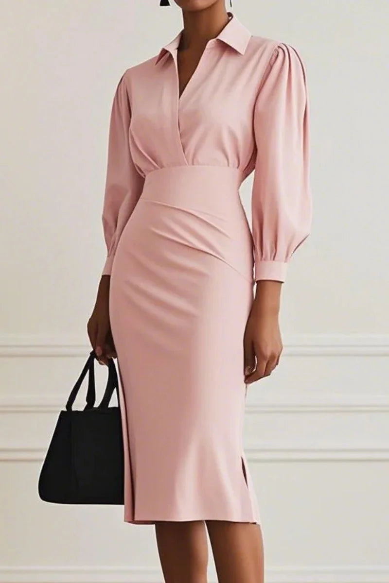 Autumn simple and fashionable V-neck solid colour waist pleated dress women's clothing