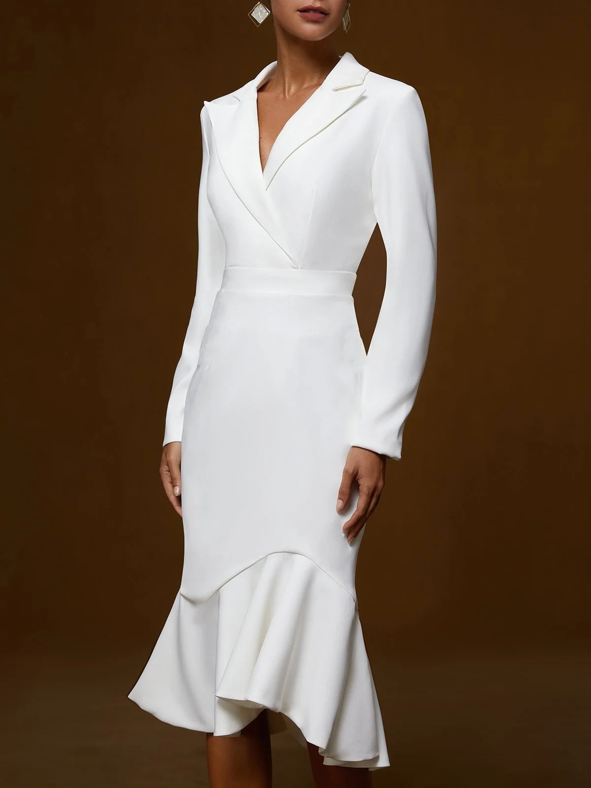 Fashion Lapel Long-sleeved Elegant Hip-wrapped Fishtail Midi Dress