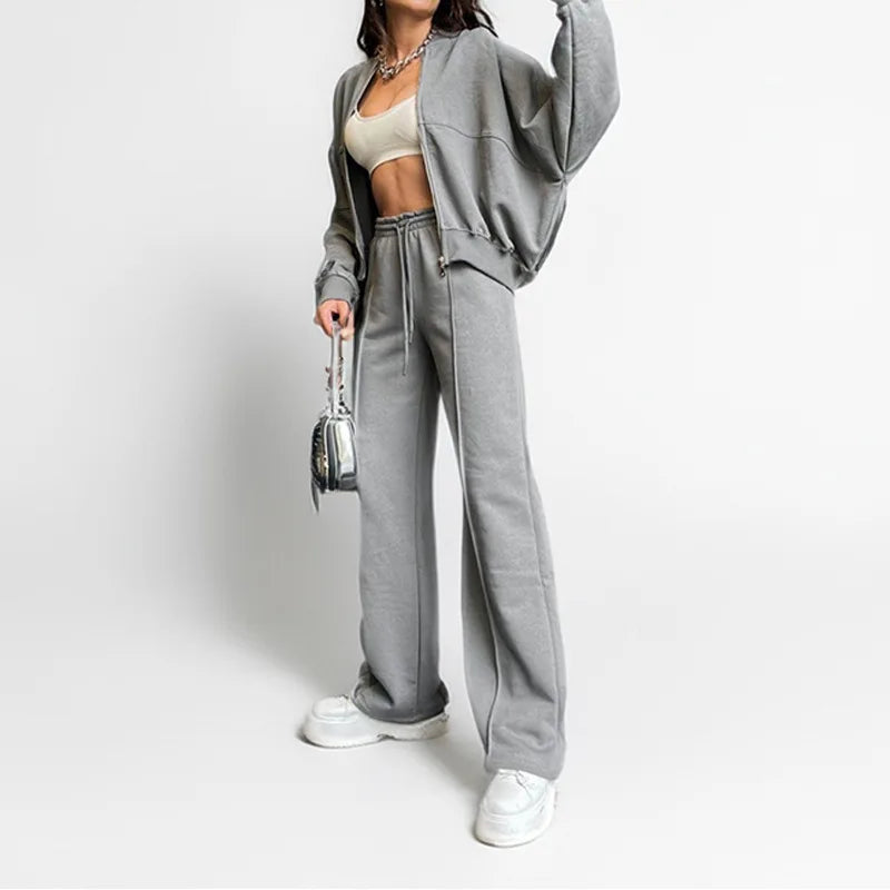 Women's Fleece-Lined Hoodie Coat High Waist Casual Pants Set Winter Thick Warm Outdoor Streetwear Loose Tracksuit