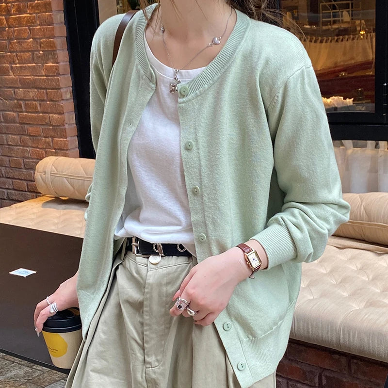 Autumn Casual Long Sleeved Knitted Jacket New Korean Round Neck Sweater Cardigan Elegant Solid Color Women's Knitted Top
