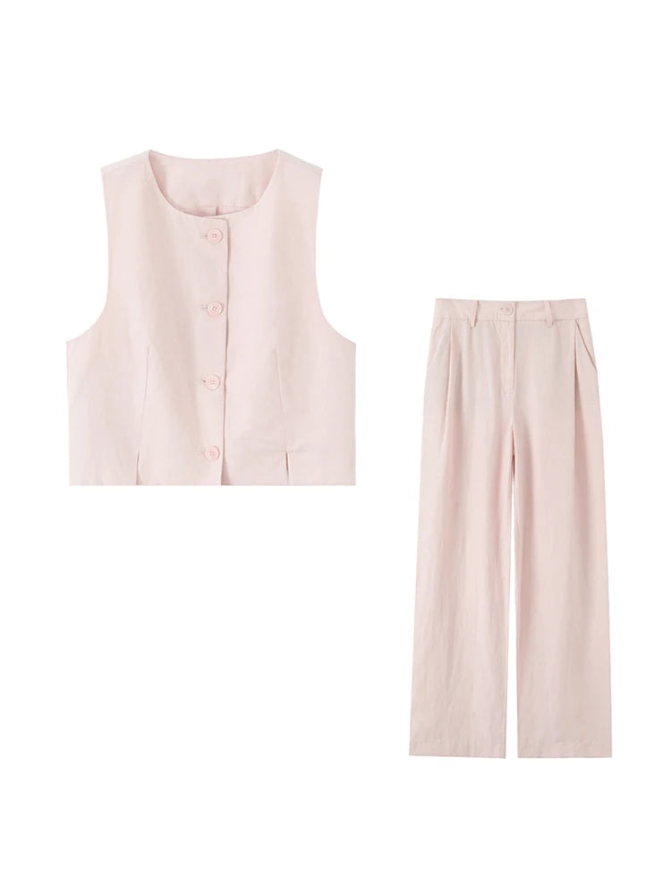 Women Fashion With Vents Crop Waistcoat And High Waist Side Pockets Wide Leg Pants Female Sets Mujer
