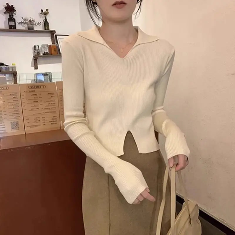 Women's Clothing Chic Turn-down Collar Solid Knit Pullovers Spring Autumn Vintage Slim Long Sleeve Sweaters Lady Elegant Tops