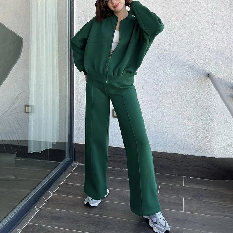 Women's Fleece-Lined Hoodie Coat High Waist Casual Pants Set Winter Thick Warm Outdoor Streetwear Loose Tracksuit