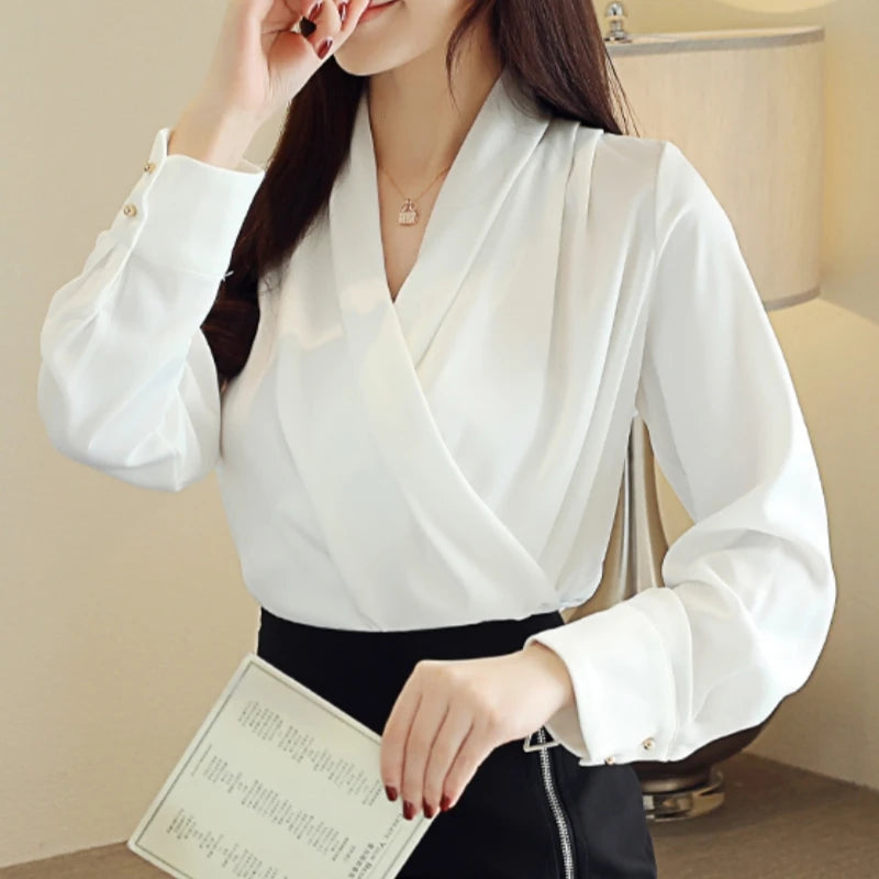 Spring Summer Satin Cross V-neck Women's Blouse 2025 New White Long Sleeve Casual Elegant Office Office Shirts Female