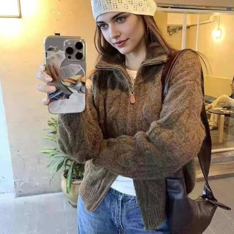 NEW Autumn Winter Women's Long Sleeve Elegant Sweater Knitted Top Cardigan Double Zipper Casual Chic Fashion Warm Outerwear