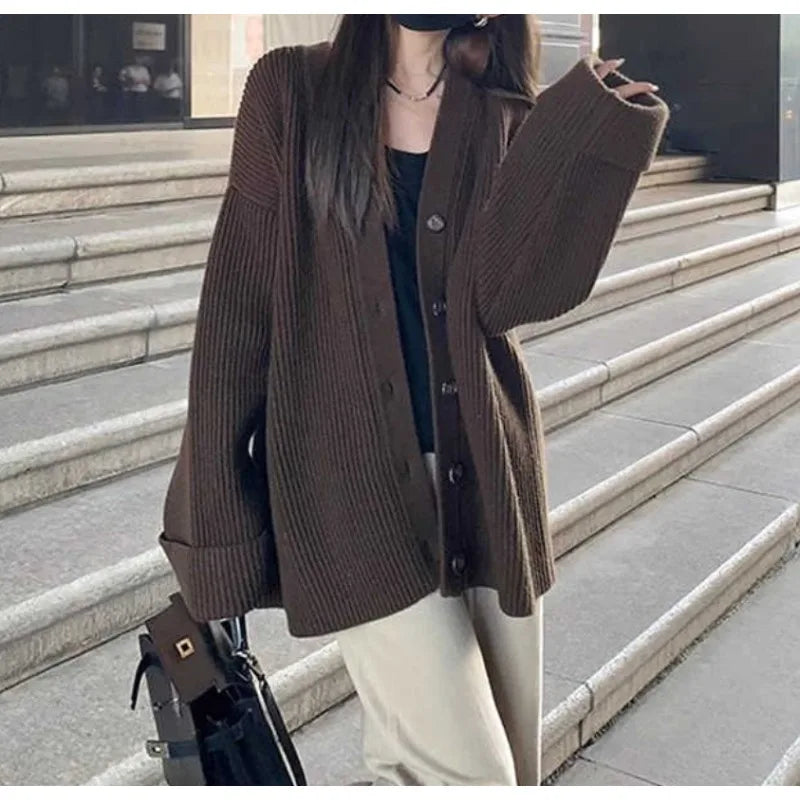 V-neck Single Breasted Simple Retro Solid Color Loose Fit Women's Knitted Cardigan Autumn and Winter Versatile New Sweater Coat