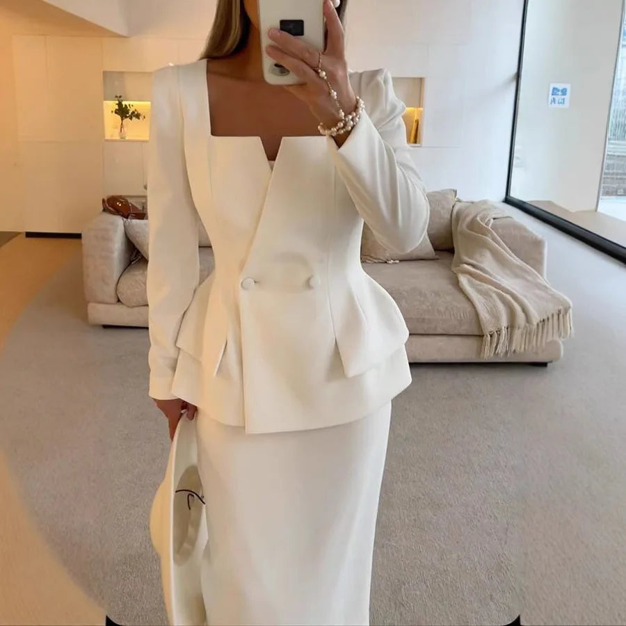 Temperament Elegant Skirt Two Piece Set Women Solid Color Slim Long Sleeve Coat Package Hip Skirts 2 Piece Sets Commuting Suit