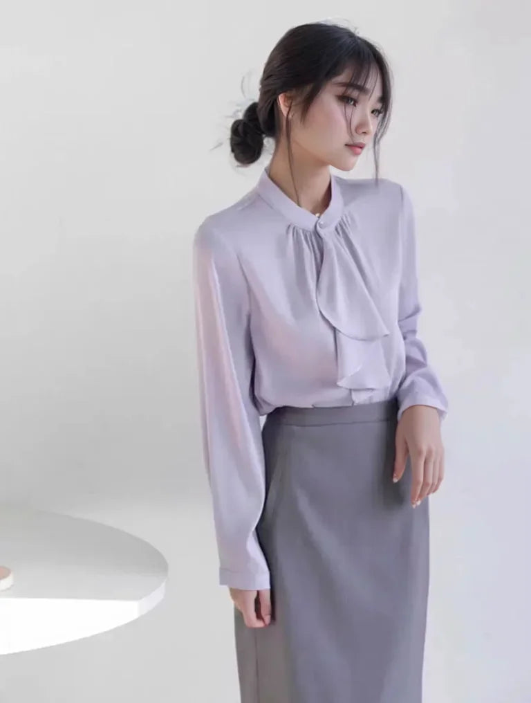 Autumn Women Long Sleeved Standing Neck Solid Color Commuting Chiffon Top Blouse Korean Popular Shirts & Blouses Ladies Clothes