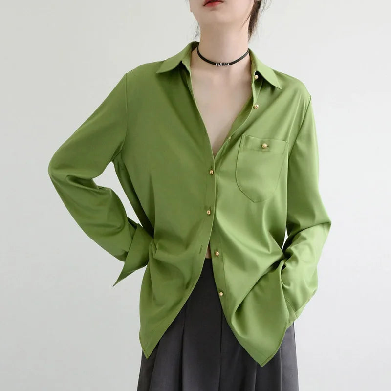 Spring Autumn Fruit Green Women's Blouse 2025 New One Pocket Long Sleeve Single Breasted Korean Casual Loose Office Shirt Female