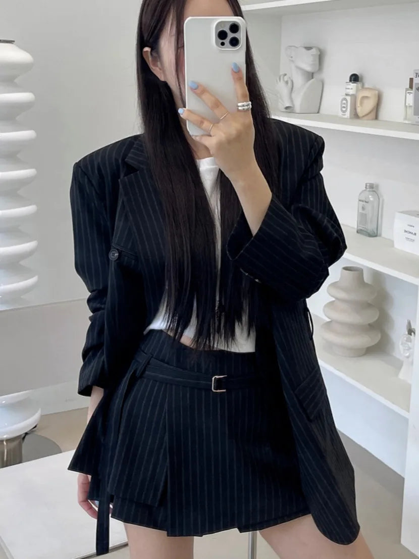 Spring Faion Women's High Waist Stripe Suit Jaet And  Skirt Set Ele And Versatile Long Sve Workwear Ensemble