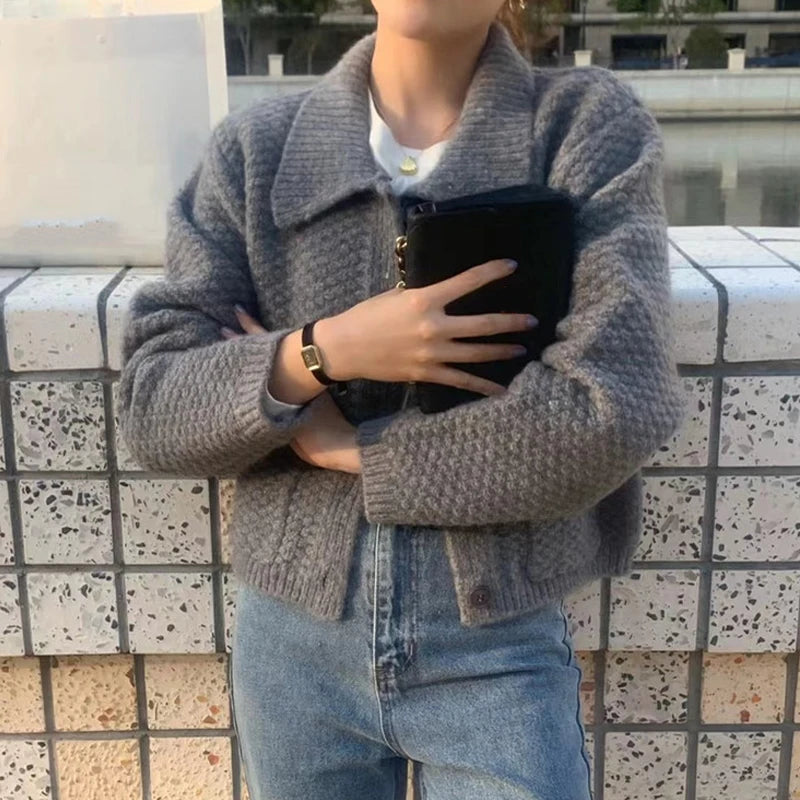 Elegant Cardigan Korean Loose Sweater for Women Fashion Lapel Autumn Jacket Long Sleeve Knitted Pocket New Fit Outerwear Clothes
