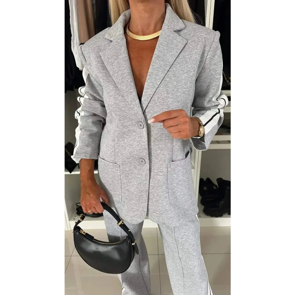Autumn and Winter New Long Sleeves Suit Women's Suit Fashion Pimp Stitching Pants Pocket Female Office Blazer 2 Piece Set 2025