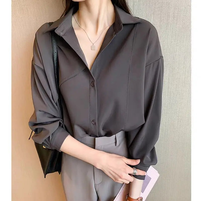 Autumn New Women Shirt Simple Chiffon Office Lady Tops Casual Loose Irregular Single Breasted Shirts French Style Female Blouse