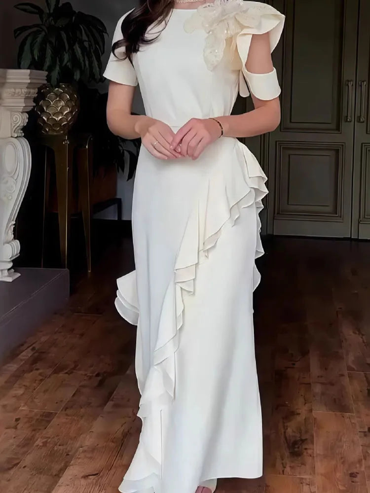 Summer Fashion O-neck Lace-Up Belt Long Dress Women Casual Short Sleeve Ruffled Dress Elegant Dimensional Flower Evening Dress